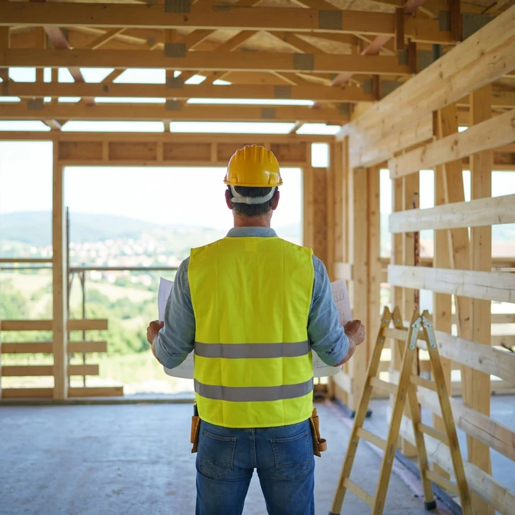 Chantier de construction résidentielle avec ouvrier en équipement de sécurité consultant des plans architecturaux