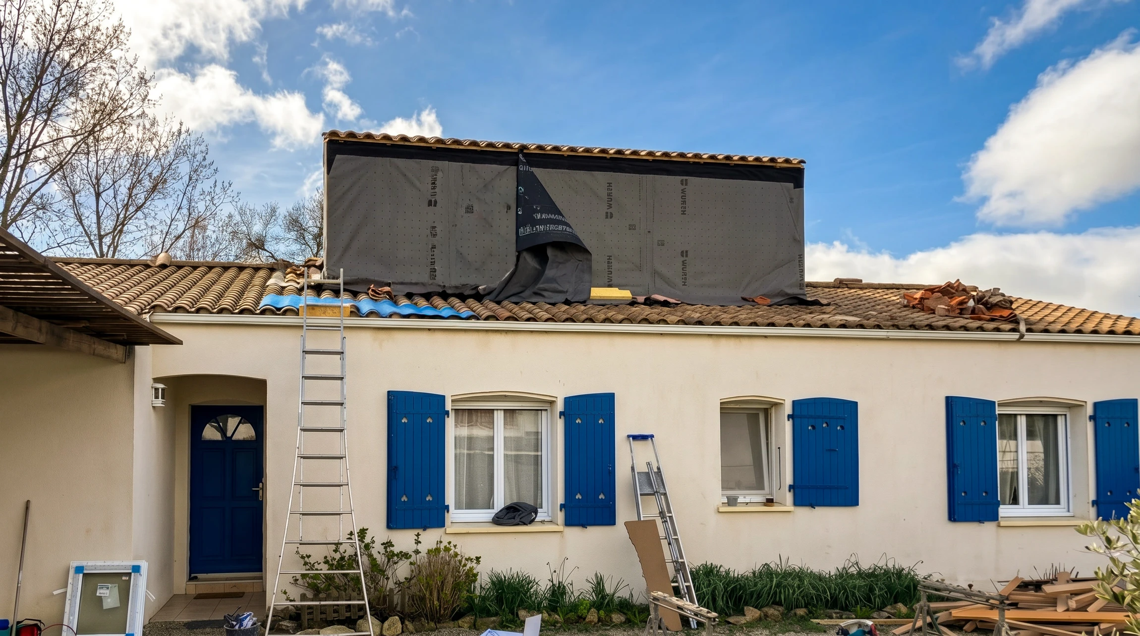 Chantier de rénovation dans combles aménageables avec charpente bois apparente